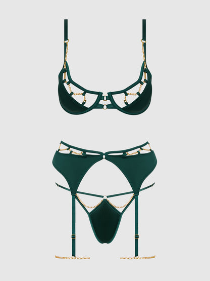 House of Desire Evangeline Satin & Chain Push Up Bra Set Emerald