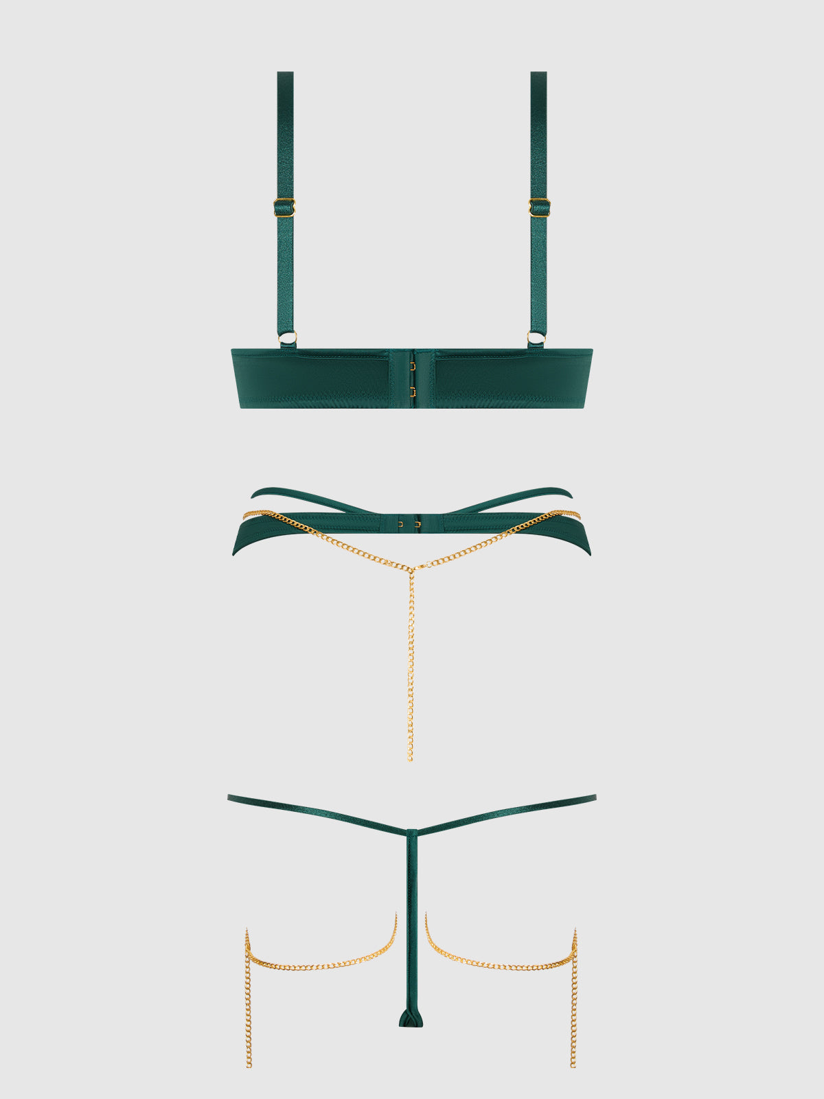 House of Desire Evangeline Satin & Chain Push Up Bra Set Emerald