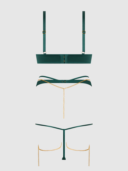 House of Desire Evangeline Satin & Chain Push Up Bra Set Emerald