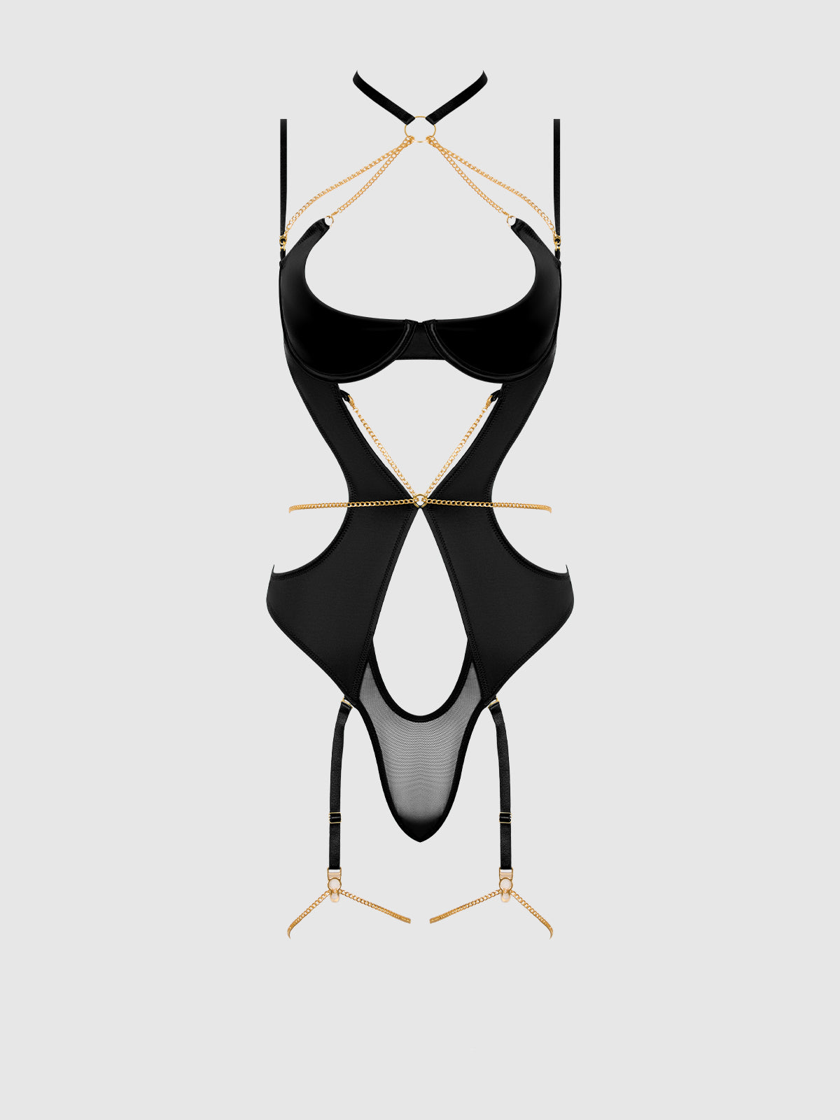 House of Desire Evangeline Satin & Chain Halter Teddy Black