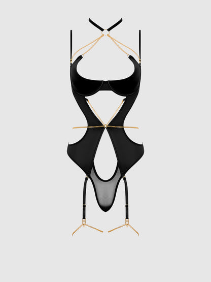 House of Desire Evangeline Satin & Chain Halter Teddy Black