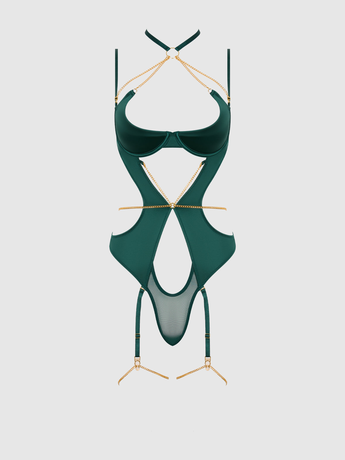 House of Desire Evangeline Satin & Chain Halter Teddy Emerald