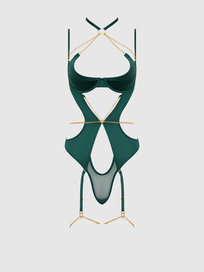 House of Desire Evangeline Satin & Chain Halter Teddy Emerald