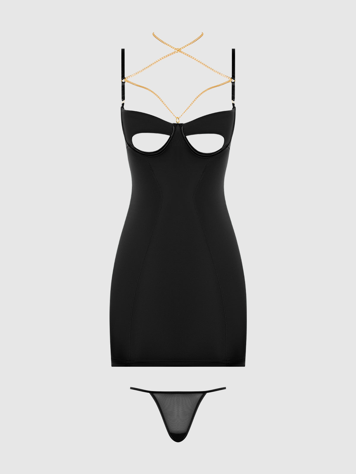 House of Desire Evangeline Satin & Chain Open Cup & Back Chemise Set Black