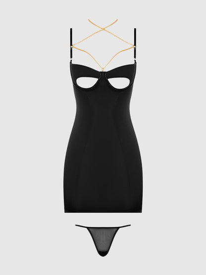 House of Desire Evangeline Satin & Chain Open Cup & Back Chemise Set Black