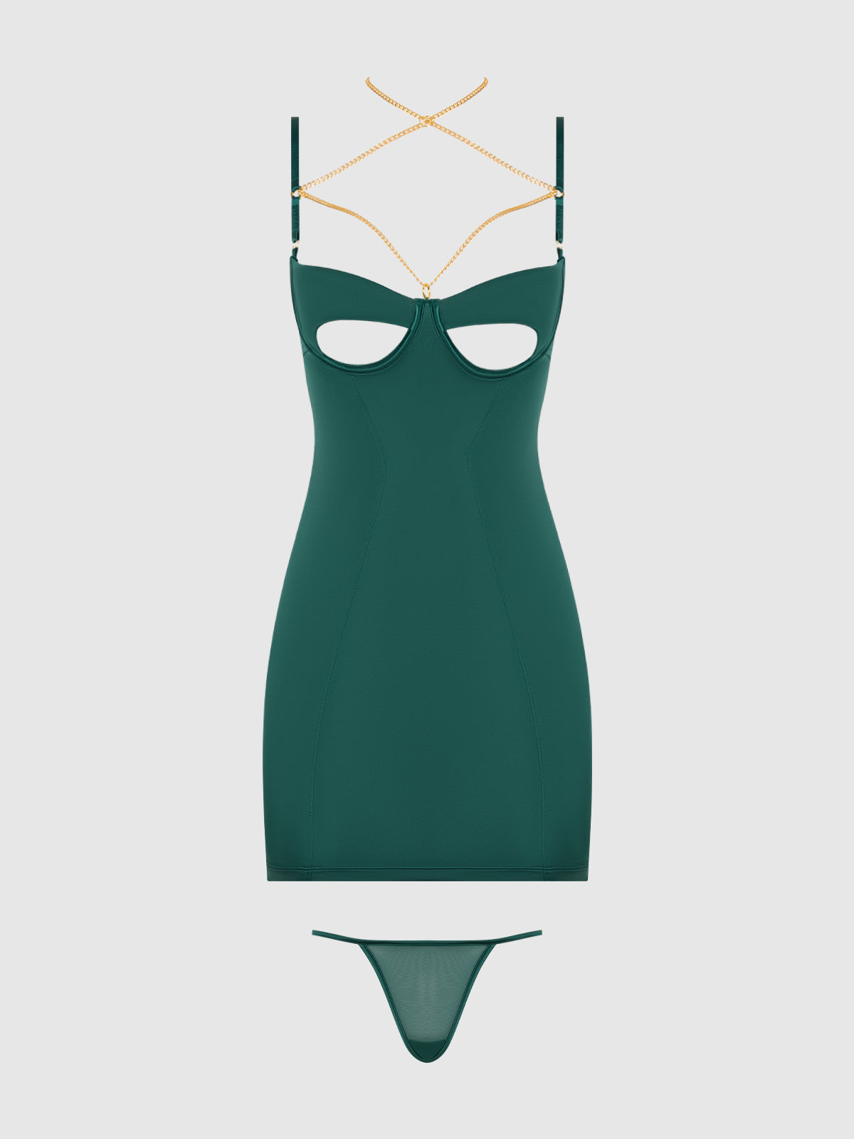 House of Desire Evangeline Satin & Chain Open Cup & Back Chemise Set Emerald