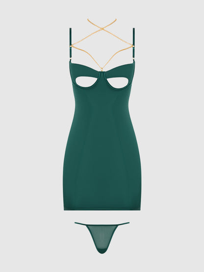 House of Desire Evangeline Satin & Chain Open Cup & Back Chemise Set Emerald