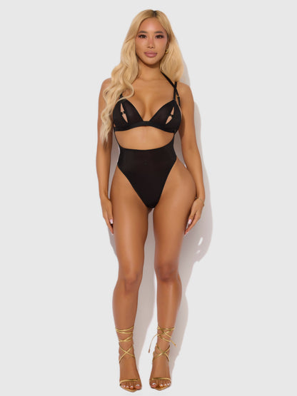 House of Desire Yasmine Shine Mesh Open Cup Backless Teddy & Bra Set Black