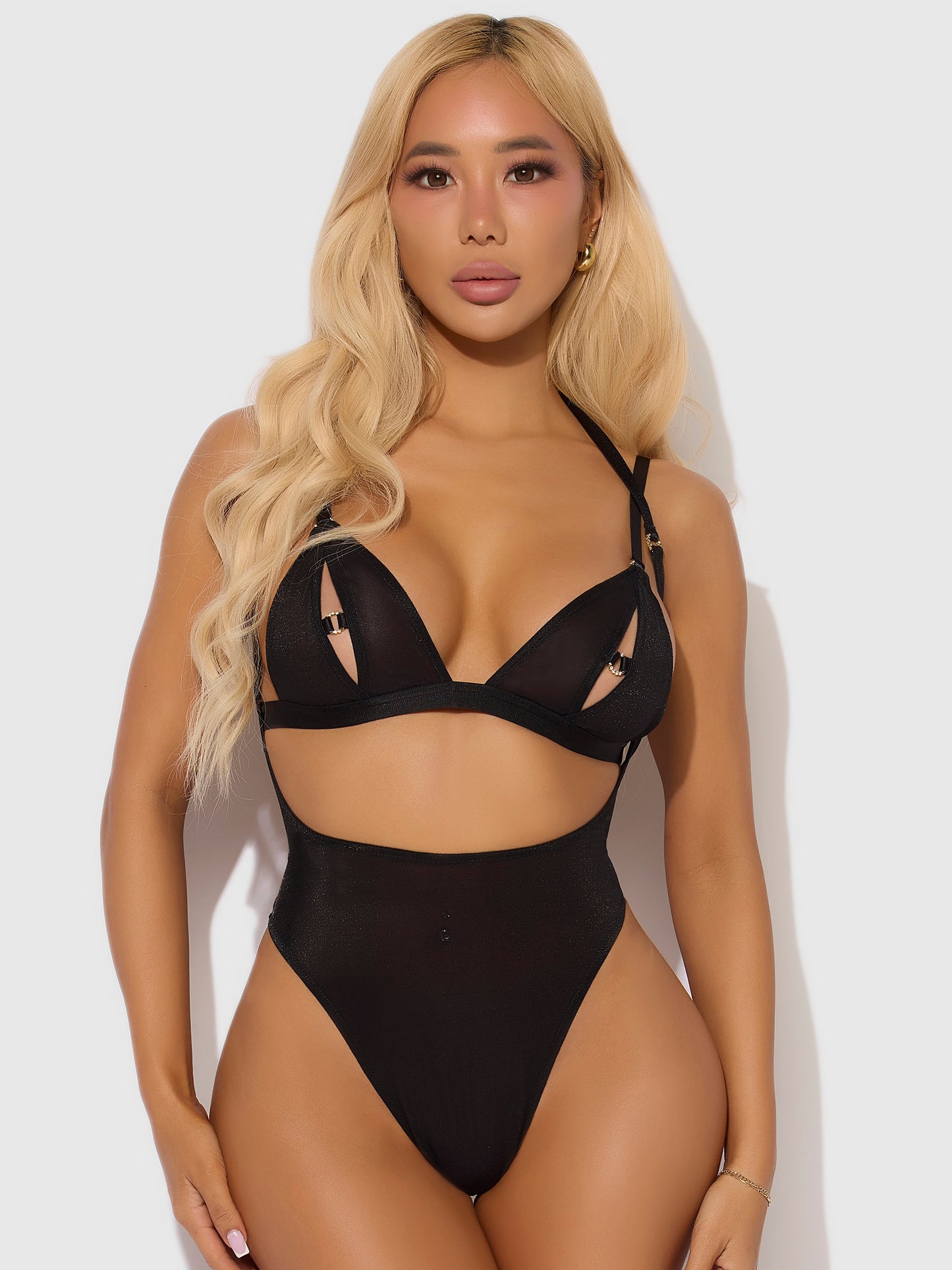 House of Desire Yasmine Shine Mesh Open Cup Backless Teddy & Bra Set Black