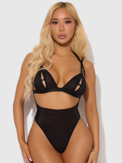 House of Desire Yasmine Shine Mesh Open Cup Backless Teddy & Bra Set Black
