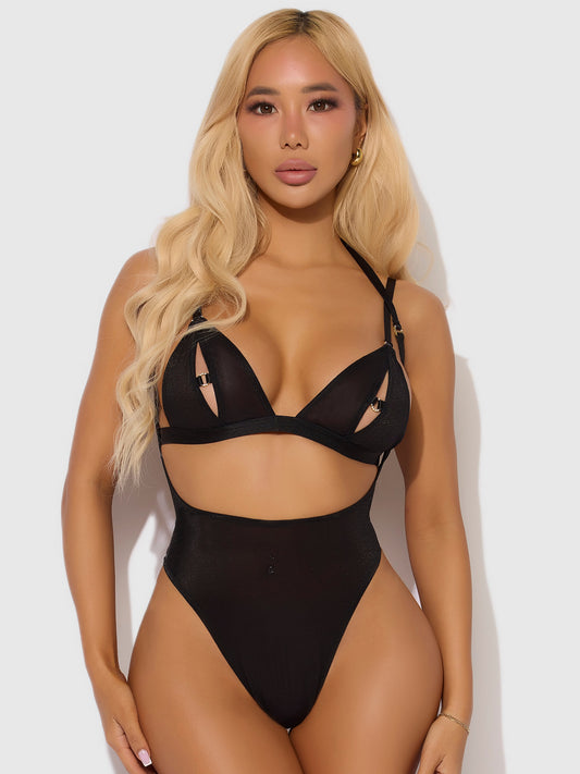 House of Desire Yasmine Shine Mesh Open Cup Backless Teddy & Bra Set Black