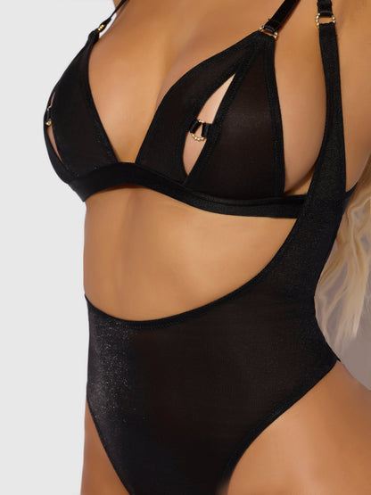 House of Desire Yasmine Shine Mesh Open Cup Backless Teddy & Bra Set Black