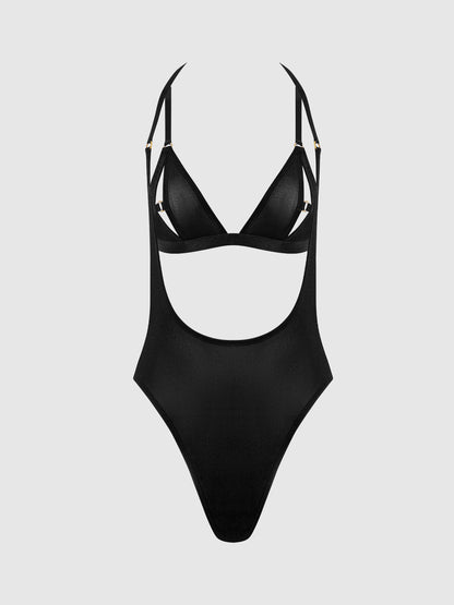 House of Desire Yasmine Shine Mesh Open Cup Backless Teddy & Bra Set Black