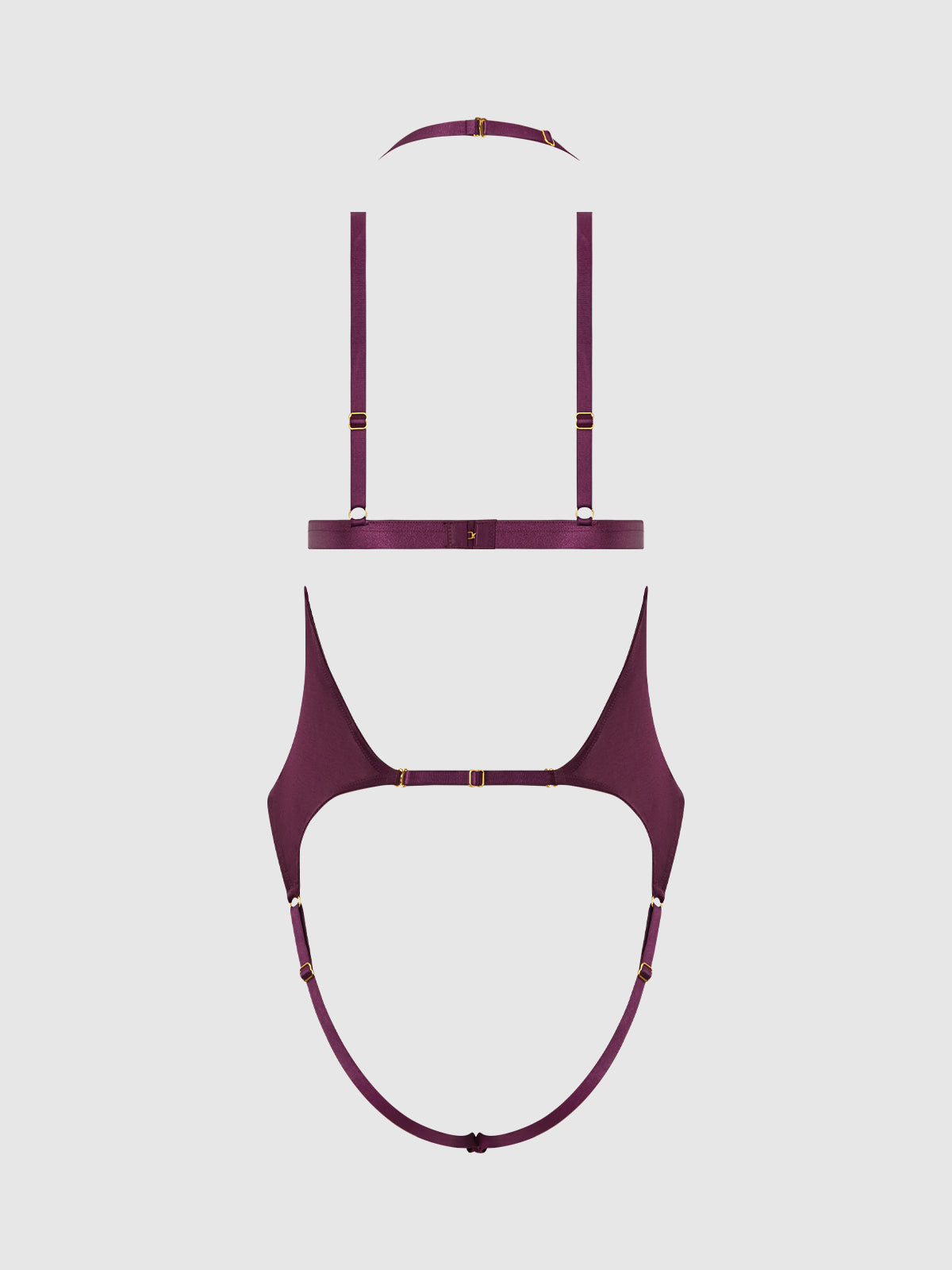 House of Desire Yasmine Shine Mesh Open Cup Backless Teddy & Bra Set Plum