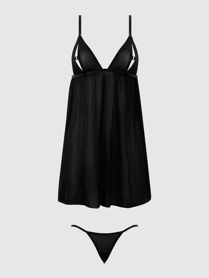 House of Desire Yasmine Shine Mesh O-Ring Open Cup Babydoll Set Black