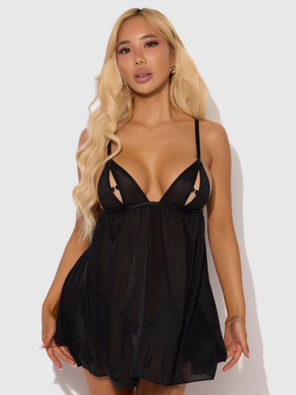 House of Desire Yasmine Shine Mesh O-Ring Open Cup Babydoll Set Black