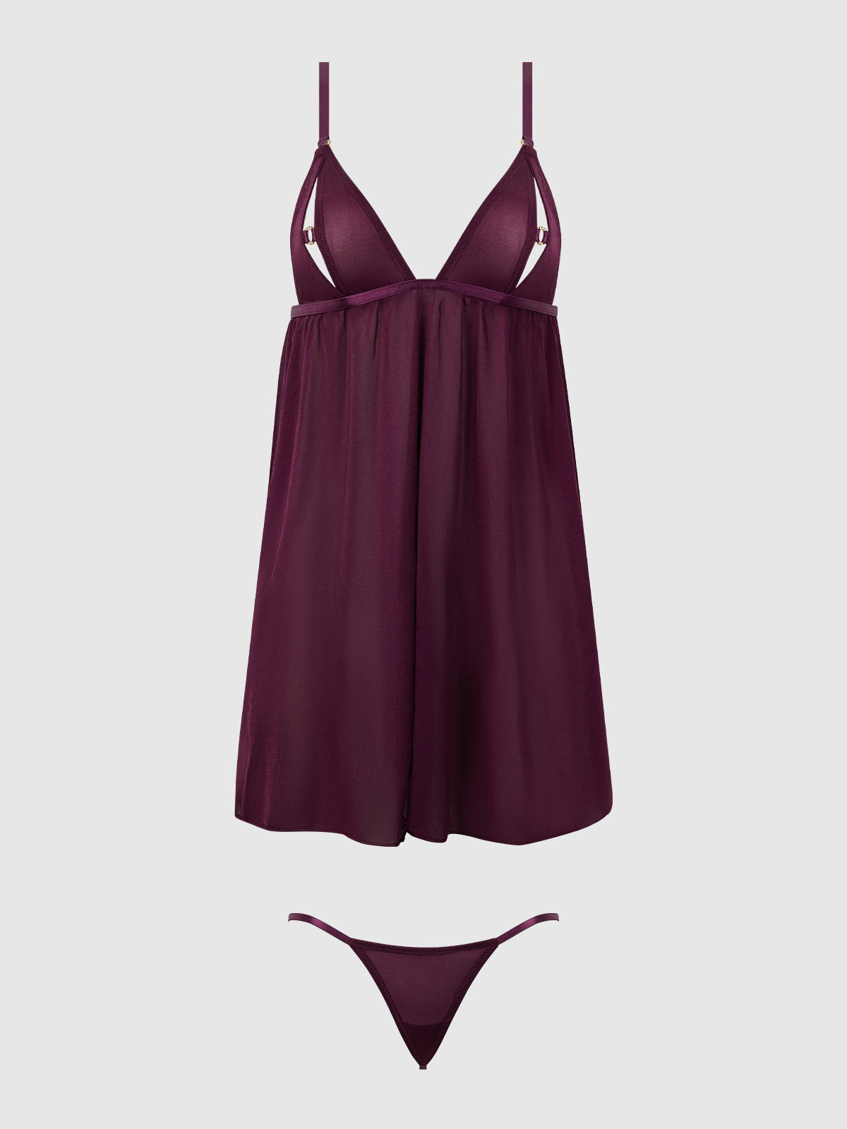 House of Desire Yasmine Shine Mesh O-Ring Open Cup Babydoll Set Plum