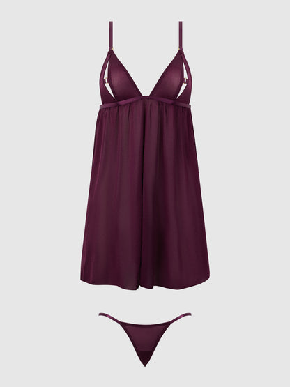 House of Desire Yasmine Shine Mesh O-Ring Open Cup Babydoll Set Plum