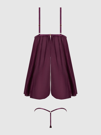 House of Desire Yasmine Shine Mesh O-Ring Open Cup Babydoll Set Plum