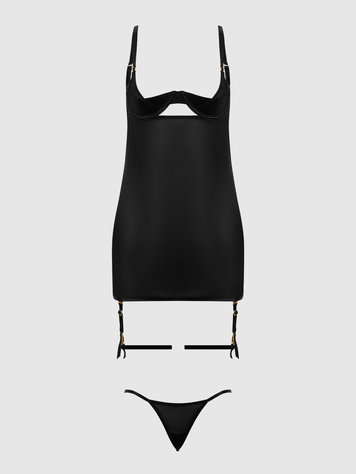 House of Desire Yasmine Shine Mesh O-Ring Thigh Garter Chemise Set Black
