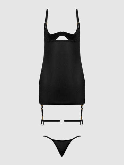 House of Desire Yasmine Shine Mesh O-Ring Thigh Garter Chemise Set Black