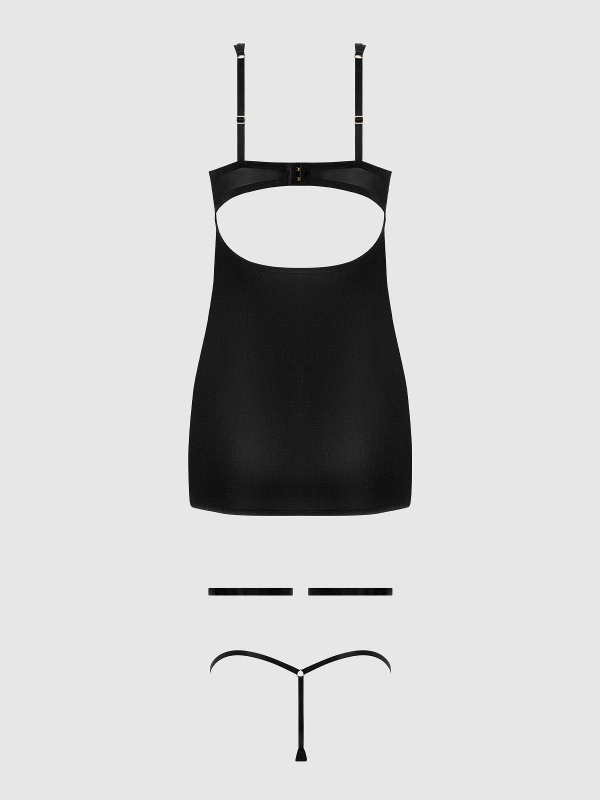 House of Desire Yasmine Shine Mesh O-Ring Thigh Garter Chemise Set Black