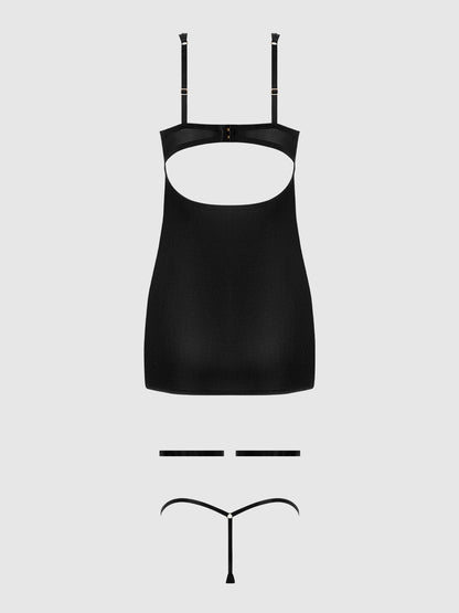 House of Desire Yasmine Shine Mesh O-Ring Thigh Garter Chemise Set Black
