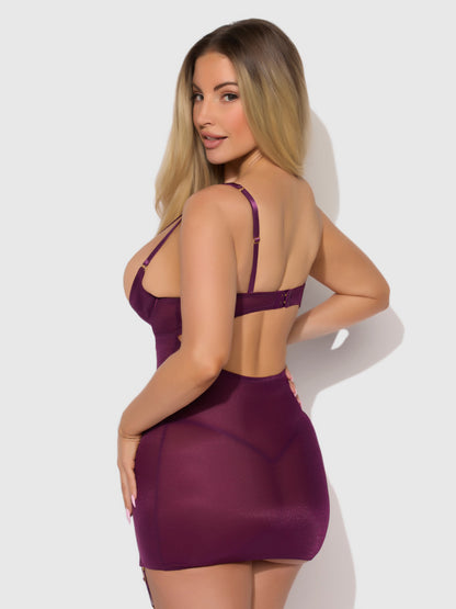 House of Desire Yasmine Shine Mesh O-Ring Thigh Garter Chemise Set Plum