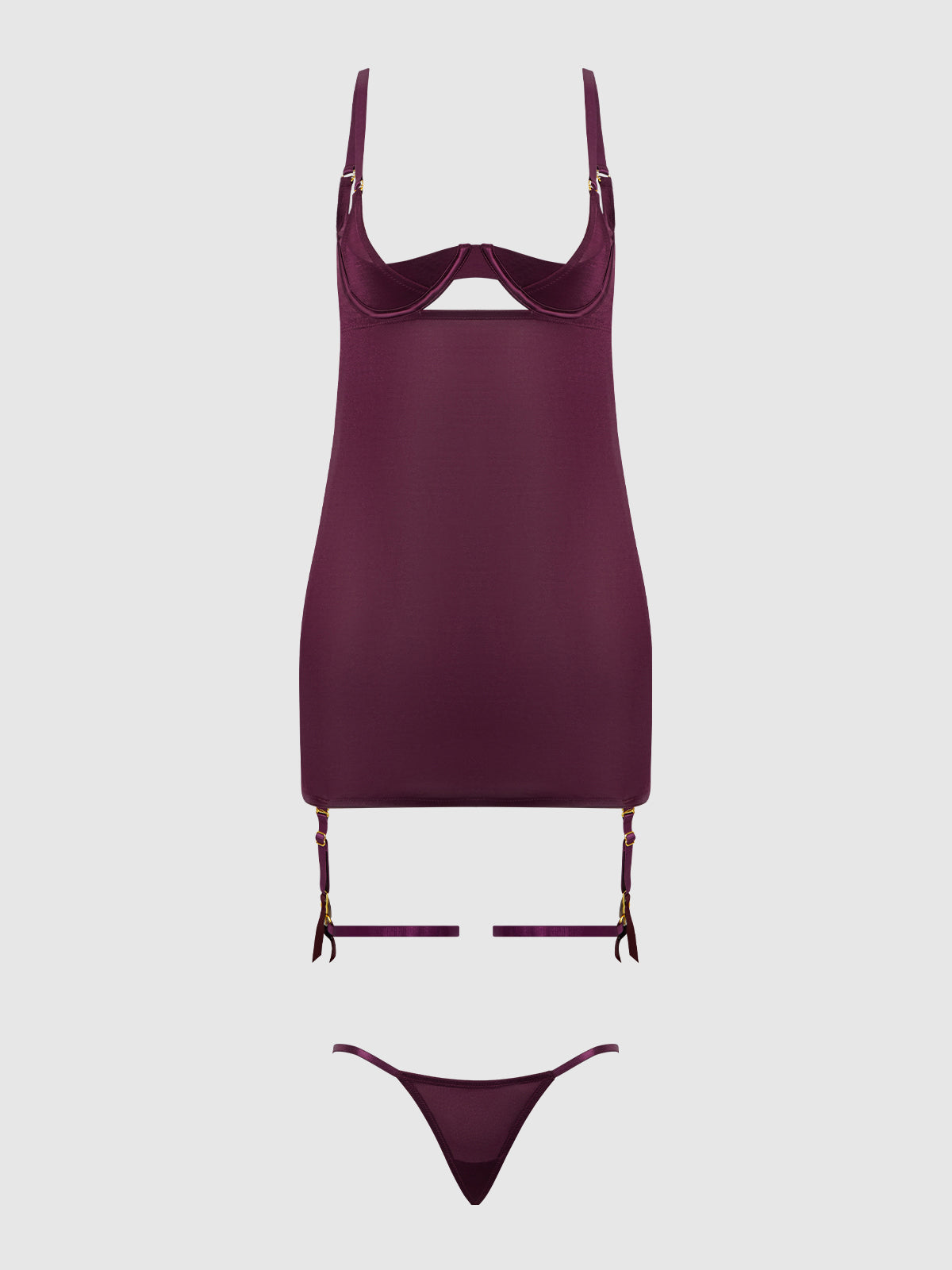 House of Desire Yasmine Shine Mesh O-Ring Thigh Garter Chemise Set Plum