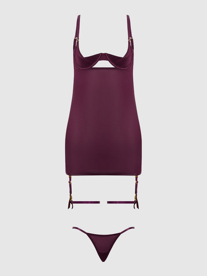 House of Desire Yasmine Shine Mesh O-Ring Thigh Garter Chemise Set Plum