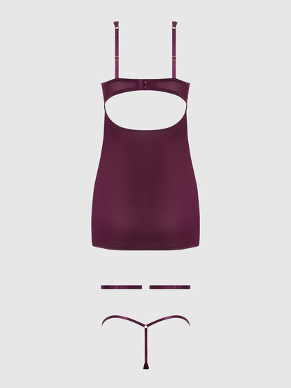 House of Desire Yasmine Shine Mesh O-Ring Thigh Garter Chemise Set Plum