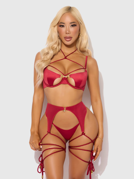 House of Desire Iryna Silky Micro & Rope Bra Set Crimson Red