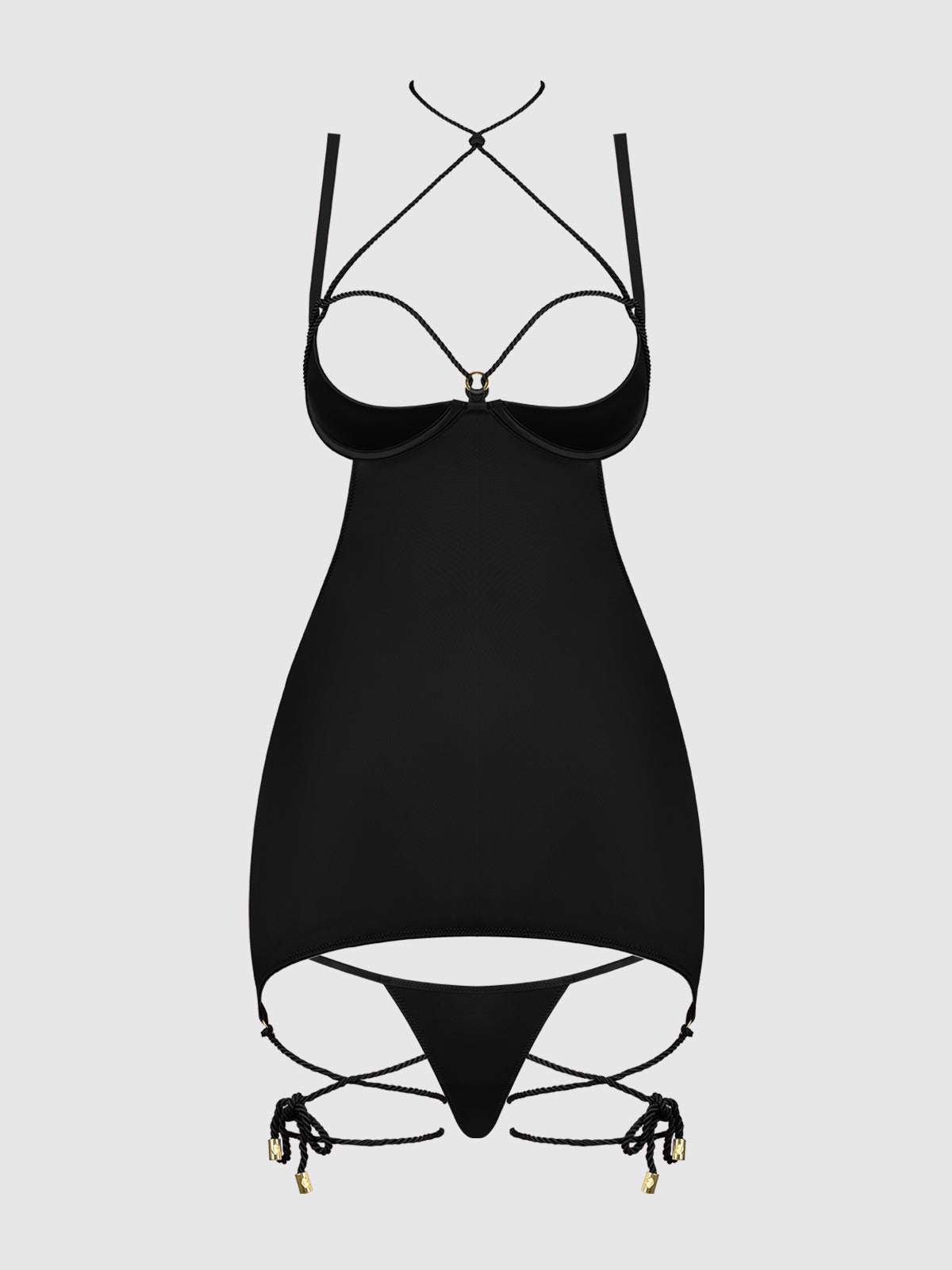 House of Desire Iryna Silky Micro & Rope Open Back Chemise Set Black