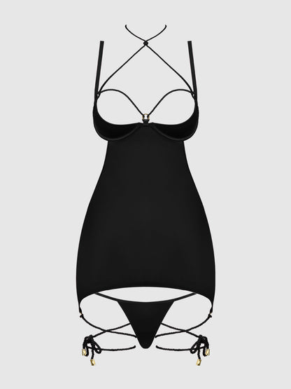 House of Desire Iryna Silky Micro & Rope Open Back Chemise Set Black