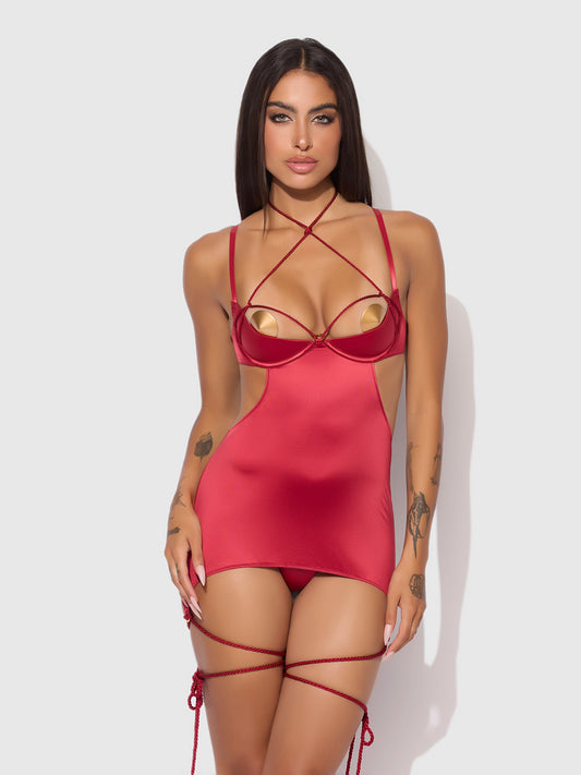 House of Desire Iryna Silky Micro & Rope Open Back Chemise Set Crimson Red