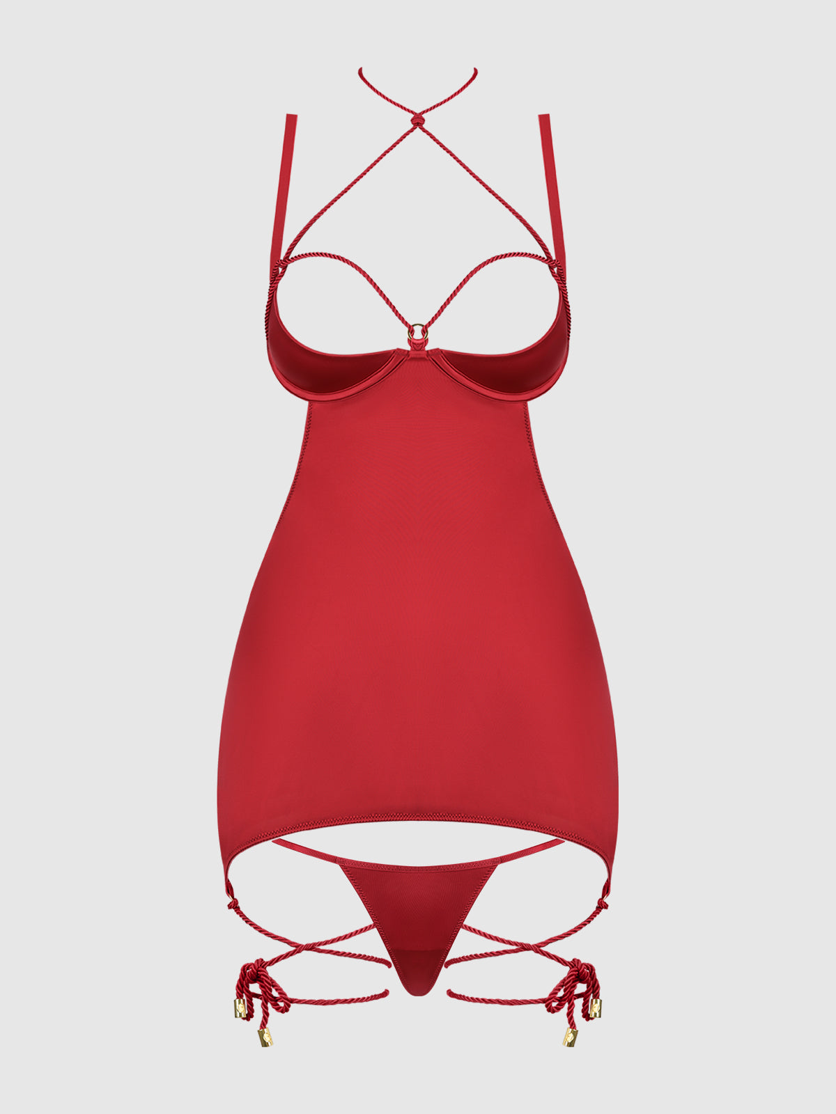 House of Desire Iryna Silky Micro & Rope Open Back Chemise Set Crimson Red
