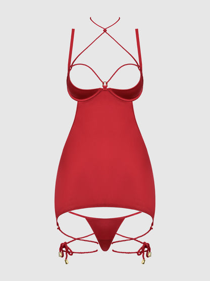 House of Desire Iryna Silky Micro & Rope Open Back Chemise Set Crimson Red