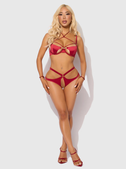 House of Desire Iryna Silky Micro & Rope Crotchless & Hand Cuff Hipster Crimson Red