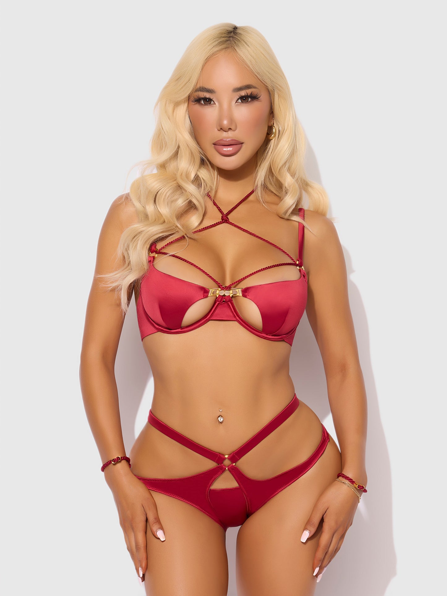 House of Desire Iryna Silky Micro & Rope Crotchless & Hand Cuff Hipster Crimson Red