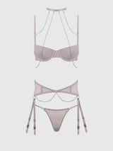 House of Desire Presley Rhinestone Halter Shine Mesh Demi Bra Set Silver Gray
