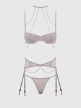House of Desire Queen Presley Rhinestone Halter Shine Mesh Demi Bra Set Silver Gray