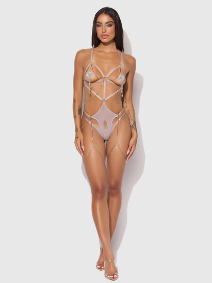 House of Desire Presley Shine Mesh Open Cup & Crotchless Rhinestone Teddy