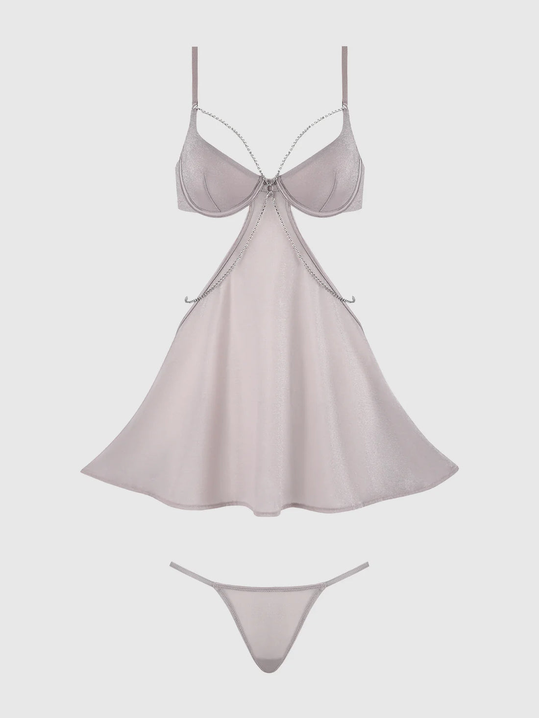 House of Desire Presley Rhinestone Shine Mesh Side Cutout Babydoll Set Silver Gray