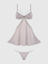 House of Desire Presley Rhinestone Shine Mesh Side Cutout Babydoll Set Silver Gray