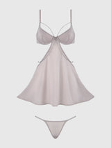 House of Desire Queen Presley Rhinestone Shine Mesh Side Cutout Babydoll Set Silver Gray
