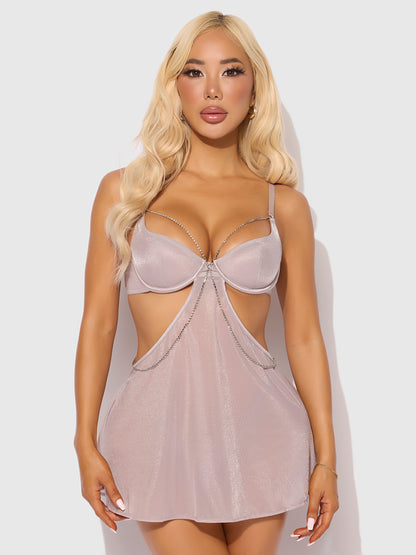 House of Desire Presley Rhinestone Shine Mesh Side Cutout Babydoll Set Silver Gray