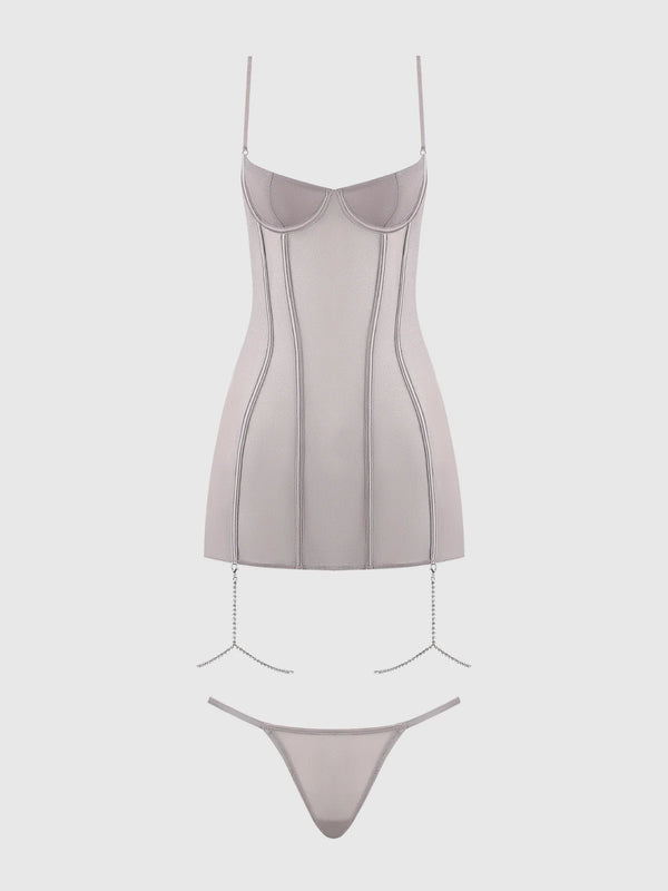 House of Desire Presley Shine Mesh & Rhinestone Chemise & G-String Set