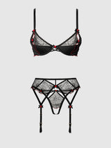 Ilena Embroidered Tulle Bra, Garter & Crotchless Bikini - House of Desire