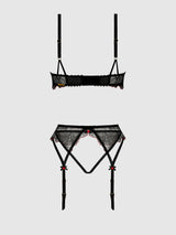 Ilena Embroidered Tulle Bra, Garter & Crotchless Bikini - House of Desire