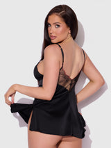 House of Desire Ilena Embroidered Tulle Wireless Babydoll & G-string Set Black / Crimson Red